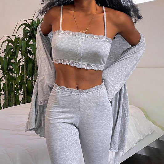 Sexy Pajamas Women Bedroom Matching Sets 3 Piece Outfits Kimono Pants