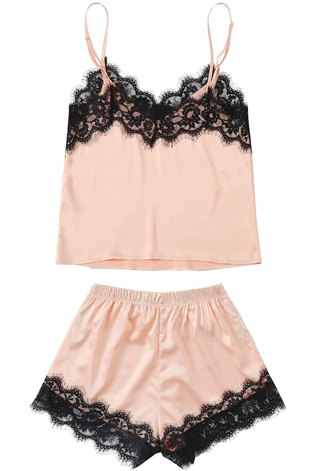 Chic Apricot Lace Satin Sleepwear Cami Top and Shorts Pajamas Set